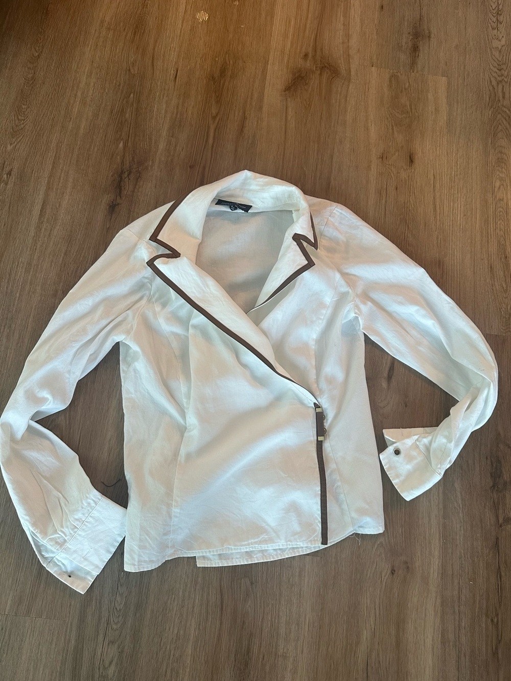 Jones New York Collection White Wrap Jacket Blazer Brown Trim Size M 100% Cotton